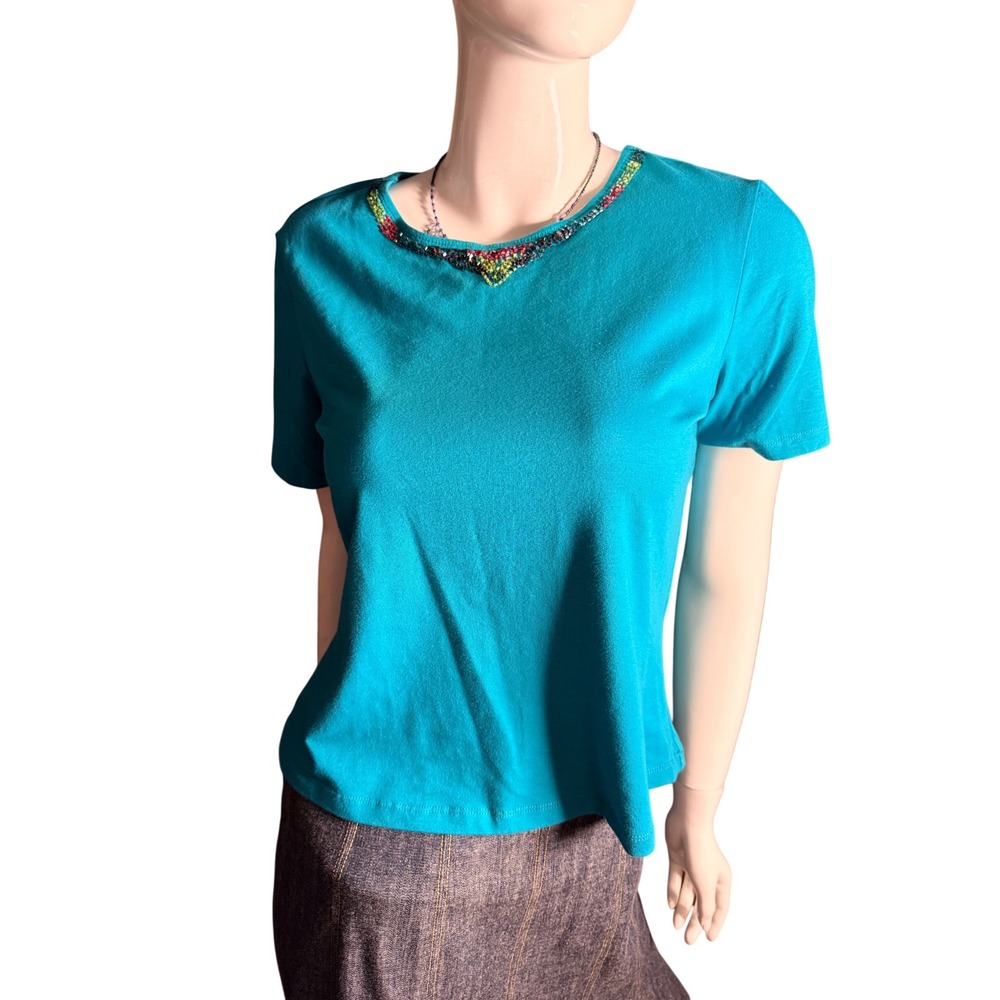 Patchington Petite Teal Blue Beaded Neckline Short Sleeve Top PM Fairycore